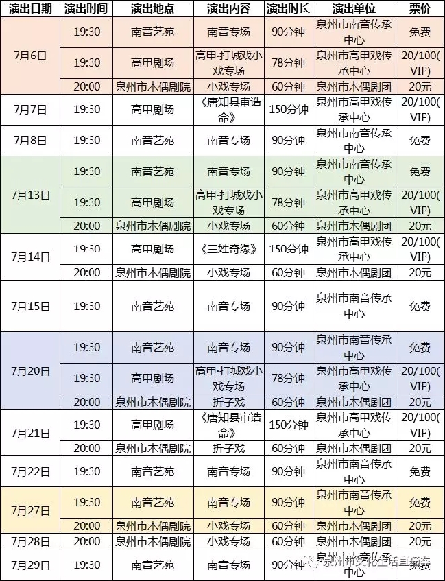 7月泉州市文艺院团公益性文艺演出活动日程表