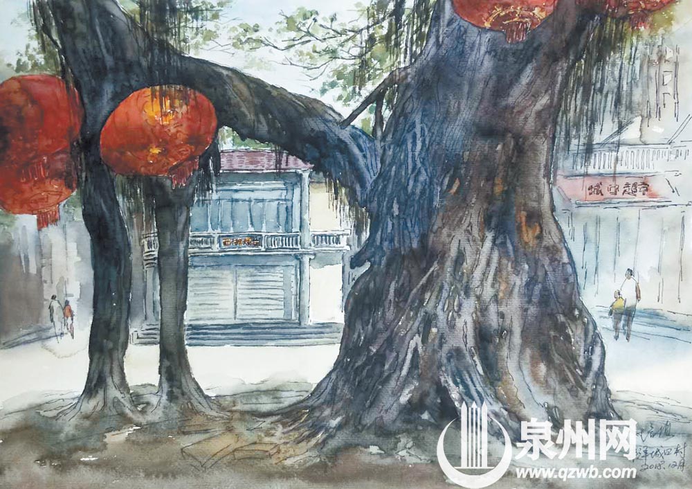 为了纪念老戏台，吴培植特意创作了《丰泽城口村西湖戏台》钢笔水彩画